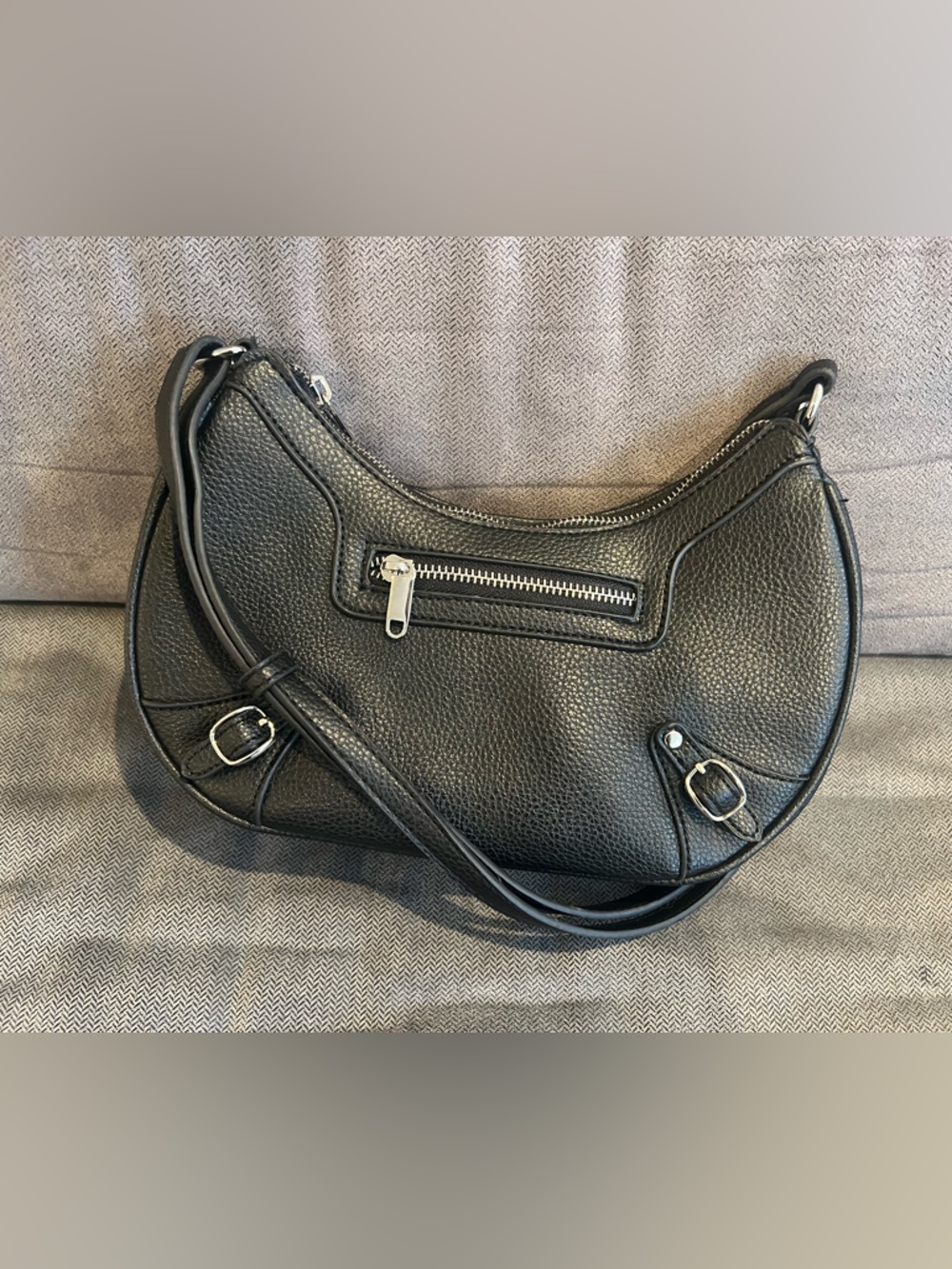 Black Pebbled Crescent Shoulder Bag with Silver Hardware